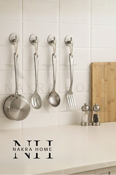 NAKRA HOME Paslanmaz Çelik Yapışkanlı 4 Adet Oval Askılık | Delmeden Montaj S...