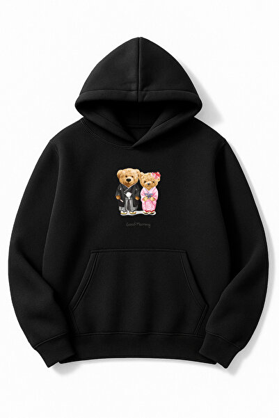 Altair Tr سويت شيرت أسود قصة فضفاضة للجنسين تيدي بير كول مطبوع بغطاء رأس