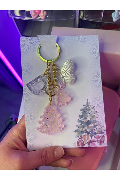 TATLIŞ El yapımı epoksi harfli ve çam ağacı yılbaşı temalı hediyelik anahtarlık