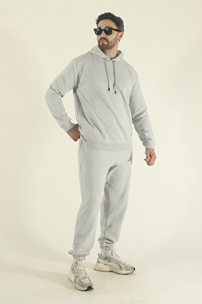 EydaMoon Мъжки зимен спортен екип с качулка и панталони - сив, с еластични маншети