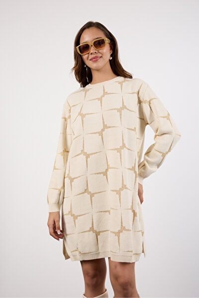 Moda Days Women's Ecru Yan Slit Crew Neck Glitter Patterned Knitwear Blouse