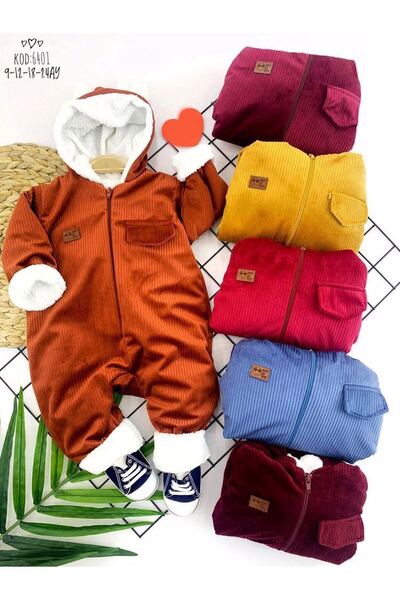 asell store 3-6-9-12 Ay Fermuar Kapamalı Kadife Kumaş İçi Tüylü Kız Erkek Bebek Tulumu