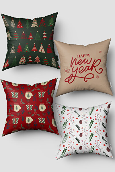 EsnafAli Noel Temalı Kırmızı Bej Renkli Çam Ağaçları Yılbaşı 4'lü Kırlent Kılıfı Seti
