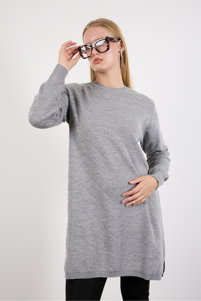 Clothes Fast Women's Gray Side Slit Crew Neck Glitter Patterned Knitwear Blouse