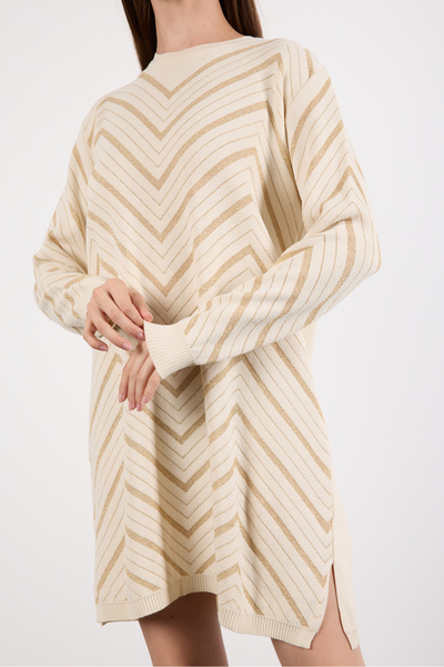 Moda Days Women's Ecru Yan Slit Crew Neck Glitter Patterned Knitwear Blouse