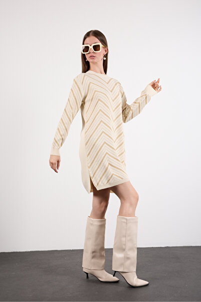 Moda Days Women's Ecru Yan Slit Crew Neck Glitter Patterned Knitwear Blouse