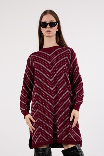 Clothes Fast Women's Burgundy Yan Slit Crew Neck Glitter Patterned Knitwear Blouse