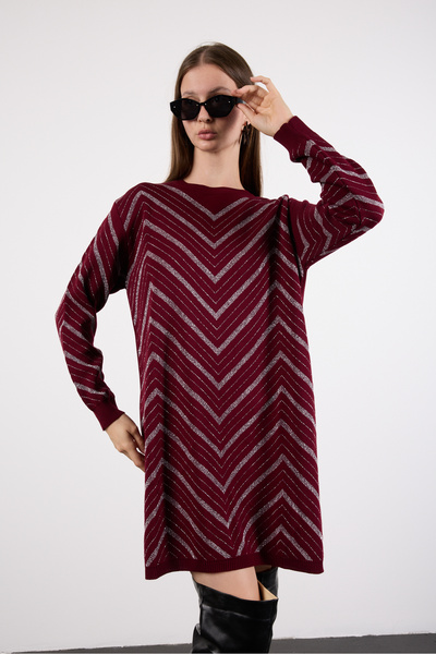 Clothes Fast Women's Burgundy Yan Slit Crew Neck Glitter Patterned Knitwear Blouse