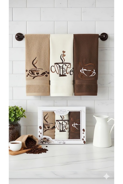 Coton Delux 3'lü Mutfak Havlusu Coffee Desenli- 30x50 -%100 Pamuklu - Kutulu