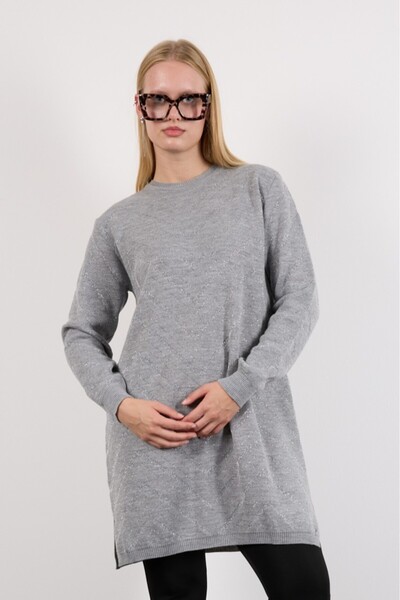 Clothes Fast Women's Gray Side Slit Crew Neck Glitter Patterned Knitwear Blouse