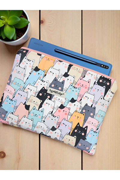 Ayza Stüdyo Rengarenk Kedili iPad Tablet Çantası, 10-12 inç Uyumlu