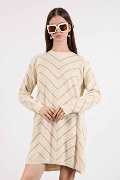 Moda Days Women's Ecru Yan Slit Crew Neck Glitter Patterned Knitwear Blouse