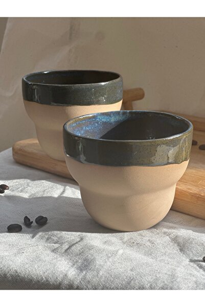 Vaveyla Sanat 2'li El Yapımı Stoneware Geniş Ağızlı Kupa Seti | Derin Yeşil-M...