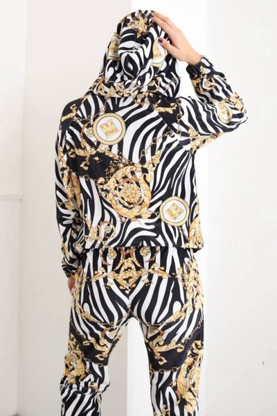 Bella Belluci Velvet Fabric Digital Printed Zipper Hoodie and High Waist Sweatpants Bottom Top Set 8011