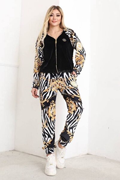 Bella Belluci Velvet Fabric Digital Printed Zipper Hoodie and High Waist Sweatpants Bottom Top Set 8011