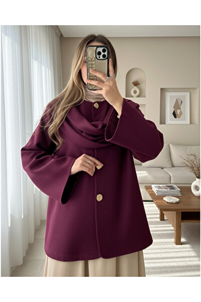 MissRunin Şal Detaylı Kışlık Keçe Ceket