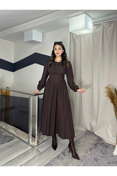 Starmount Butik Uzun Kol Kahverengi Drapeli Geniş Çan Etekli Beli Oturan Pint...