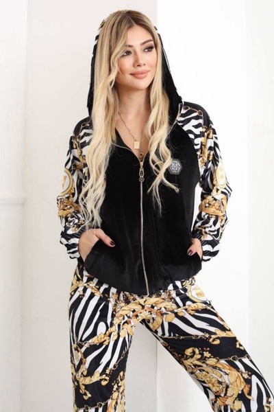 Bella Belluci Velvet Fabric Digital Printed Zipper Hoodie and High Waist Sweatpants Bottom Top Set 8011