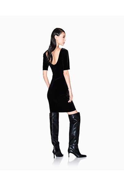 Armani Exchange Women's Slim Fit Pleated Round Neck Short Sleeve Velvet Short Black Dress Xw001300 Af16147-Uc001