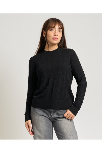 Armani Exchange Women's Regular Fit Round Neck Patterned Cotton Knitted Black Sweater Xw001317 Af16619-Fc101