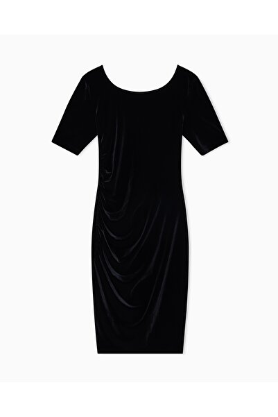 Armani Exchange Women's Slim Fit Pleated Round Neck Short Sleeve Velvet Short Black Dress Xw001300 Af16147-Uc001
