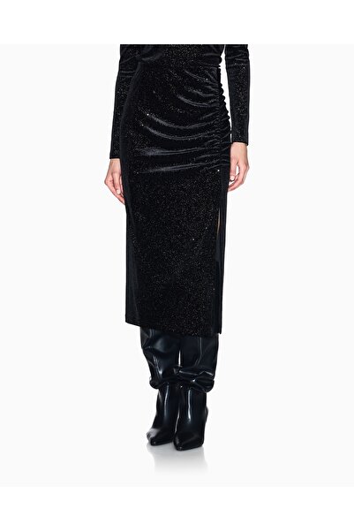 Armani Exchange Women's High Waist Side Gathered and Slit Detail Midi Length Black-Silver Skirt Xw000791 Af16143-Mc072