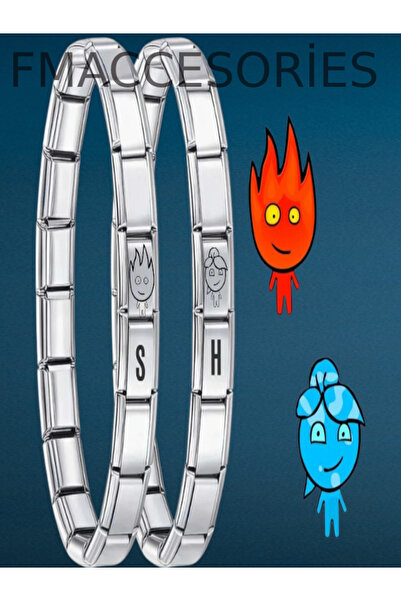 fmaccesories Ateş ve Su İtalyan Charm Harfli Çelik Çift Bilekliği 2 Adet Kutulu