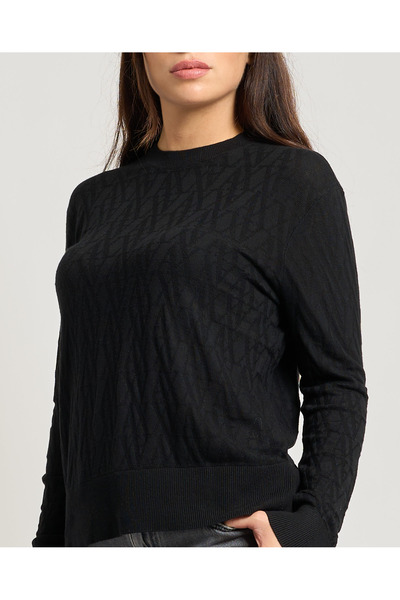 Armani Exchange Women's Regular Fit Round Neck Patterned Cotton Knitted Black Sweater Xw001317 Af16619-Fc101