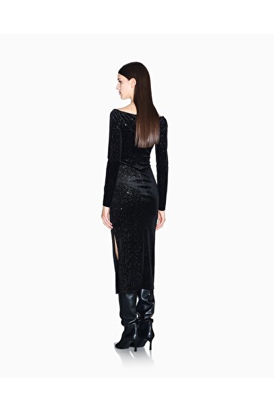 Armani Exchange Women's V-Neck Long Sleeve Midi Length Slim Fit Black-Silver Dress Xw000795 Af16143-Mc072