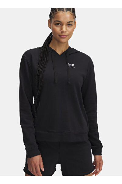 Under Armour 6005511-001-UA سترة رياضية نسائية من ريفال تيري بقلنسوة سوداء وياقة عادية