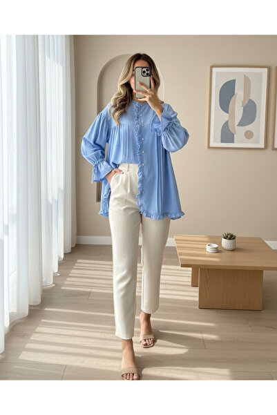 MissRunin Kolları Bağcıklı Taşlı Düğmeli Modal Kumaş Gömlek