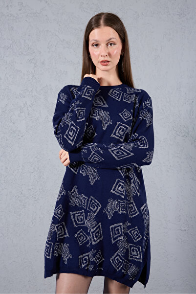 Moda Days Women's Dark Navy Side Slit Crew Neck Glitter Patterned Knitwear Blouse