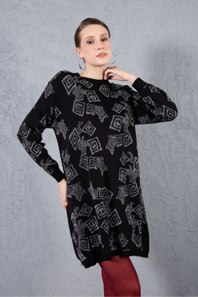 Moda Days Women's Black Side Slit Crew Neck Glitter Patterned Knitwear Blouse