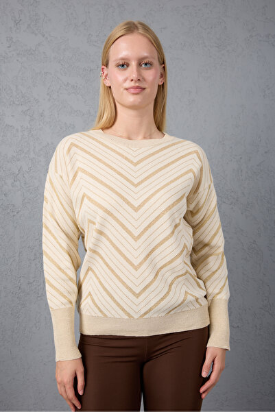 Moda Days Women's Ecru Wide Cuffed Crew Neck Glitter Patterned Knit Blouse