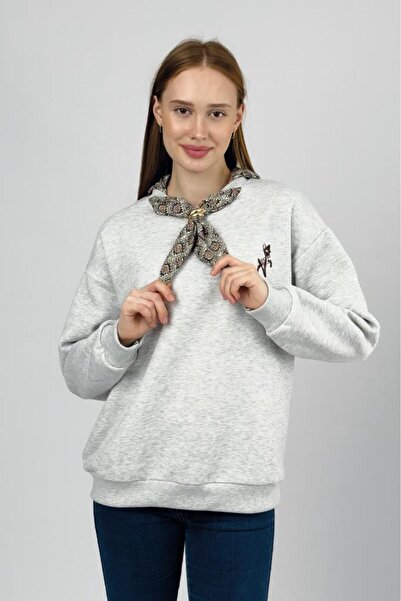 Betimoda basic pentru femei, bumbac, căptușit cu lână, cu eșarfă, tricou gri deschis