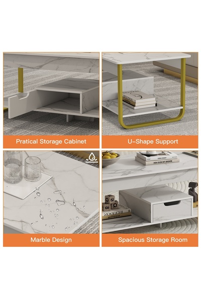 Venpara Modern Marble Coffee Table with Double Layer Storage Capacity & U-Shape Steel Frame