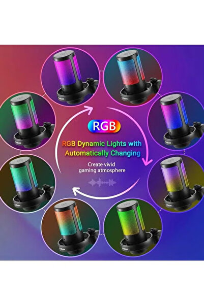 Generic ميكروفون مكثف USB للكمبيوتر الشخصي بإضاءة RGB مع زر كتم الصوت والتحكم في مستوى الصوت ومقبس سماعة رأس مقاس 3.5 ملم
