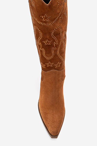 Dericlub Women's High Heel Pointed Toe Boots Real Suede Leather Zy 1609 Taba