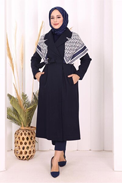 TRENDTESETTÜR Women's Navy Blue Belted Coat t 96007