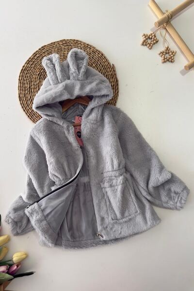 Minigimin Cicileri Hooded Girls' Plush Coat with Little Dog Ears - Gray