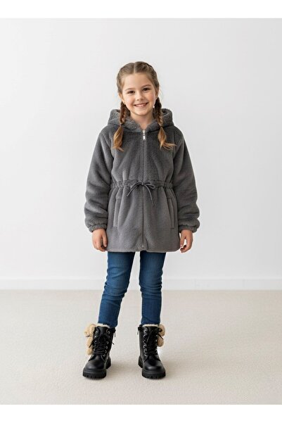 Minigimin Cicileri My Little One's Plush Girl's Coat with Belt Detail at the Waist - Smoked