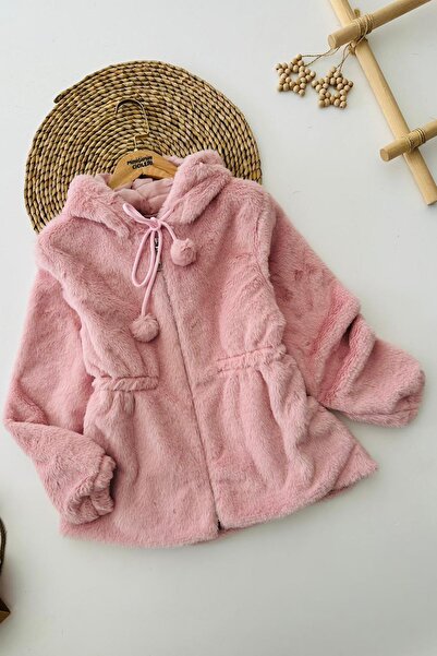 Minigimin Cicileri Miniğimin Cicileri Plush Girl's Hooded Girl's Coat - Powder