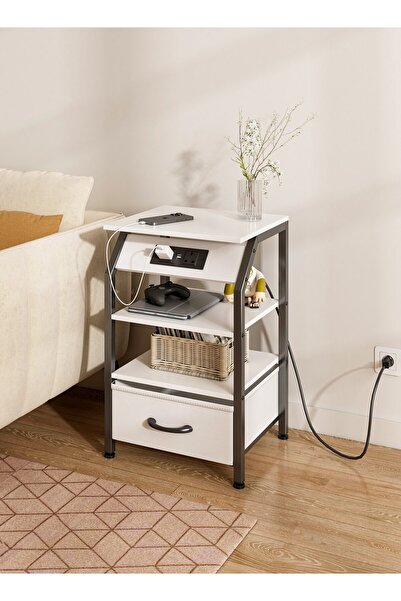 Venpara Bedside Table with Charging Station, Multifunctional Nightstand with Fabric Drawer & Adjustable Feet