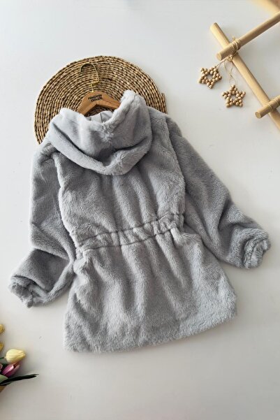 Minigimin Cicileri My Little One's Plush Girl's Coat with Belt Detail at the Waist - Gray