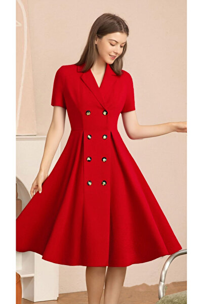 generi Elegant Button Detail Dress Red Work Casual Dress Cocktail Swing Dress
