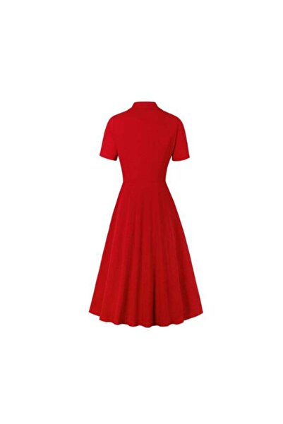 generi Elegant Button Detail Dress Red Work Casual Dress Cocktail Swing Dress