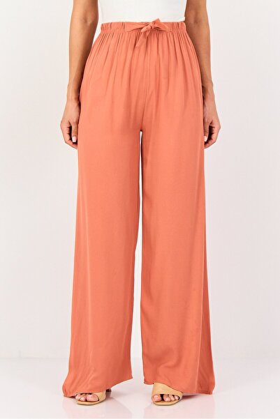 Happiness İstanbul Women Regular Fit Plain Drawstring Wide Leg Pants, Brown