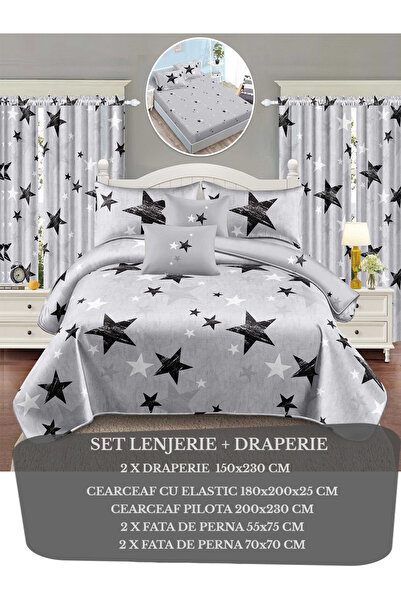 Patul Lenjerie de pat + Draperie, Bumbac Finet, Pucioasa, Pat Dublu, Cearceaf...