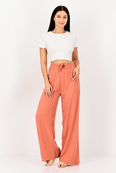 Happiness İstanbul Women Regular Fit Plain Drawstring Wide Leg Pants, Brown