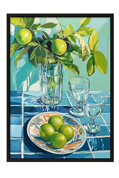 Zestia Tablou înrămat negru, Lămâi verzi și căni – Natură moartă, Poster deco...